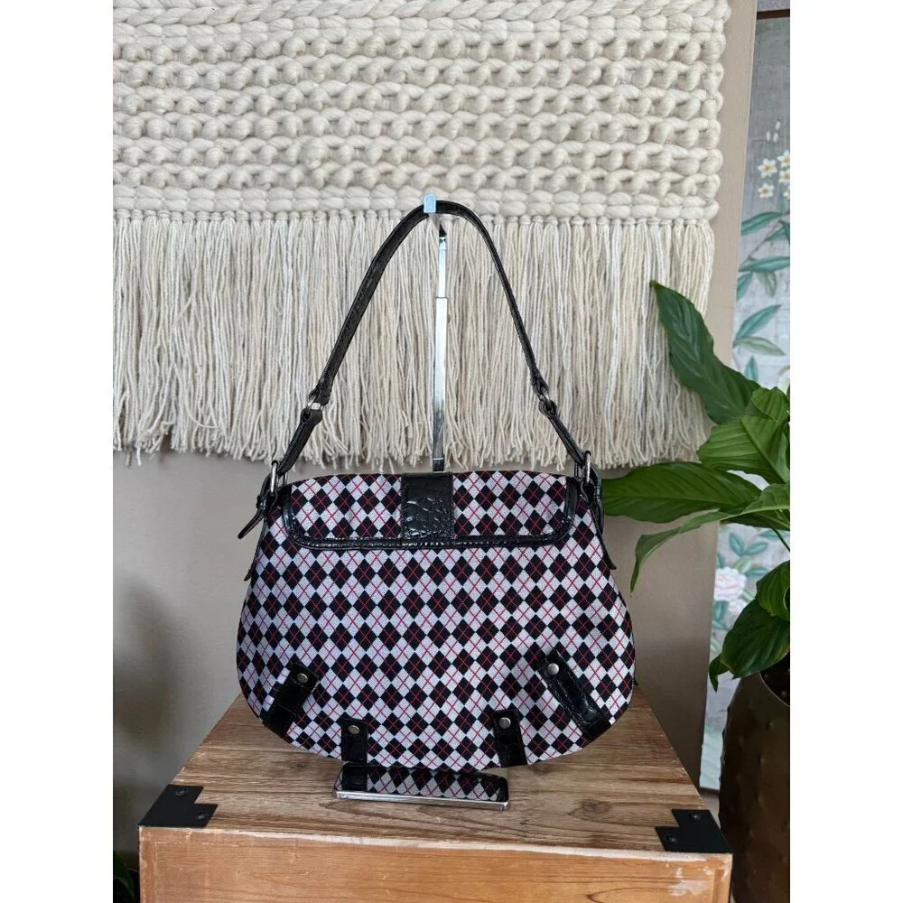 Vintage Cynthia Rowley Black Red White Argyle Plaid Silver Hardware Shoulder Bag